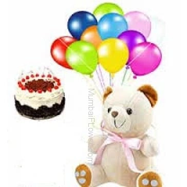 12 Inch Teddy , Half Kg. Black Forest Cake and 5 pc Balloons