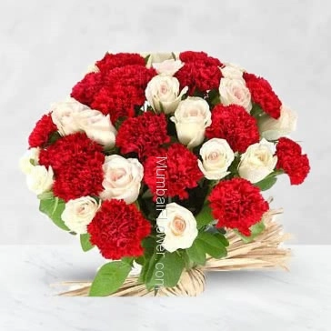 Bunch of 15 White Roses and 15 Red Carnation with Plastic Cellophane packing