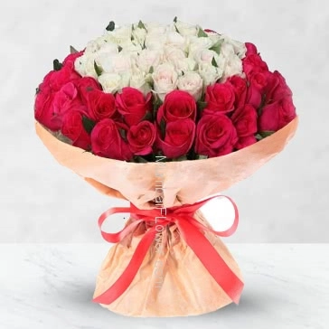 Bunch of 40 Red and White Roses with Jute packing
