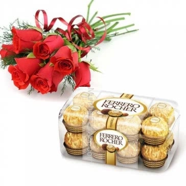Bunch of 6 Red Roses and 16 pc ferrero rocher chocolate