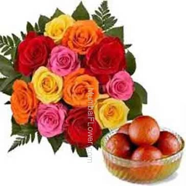 Bunch of 12 Mixed Colored Roses with Plastic Cellophane packing and 1 kg. Gulab jamun 