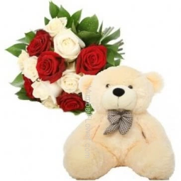 Bunch of 12 Red and White Roses with Plastic Cellophane packing and 12 Inch Teddy