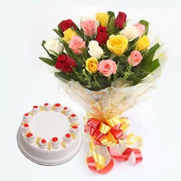 Bunch of 12 Mixed Colored Roses with  and Half kg. pineapple Cake 
