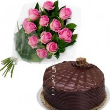 Bunch of 12 Pink colored Roses with Plastic Cellophane packing and Half Kg. Chocolate Truffle cake