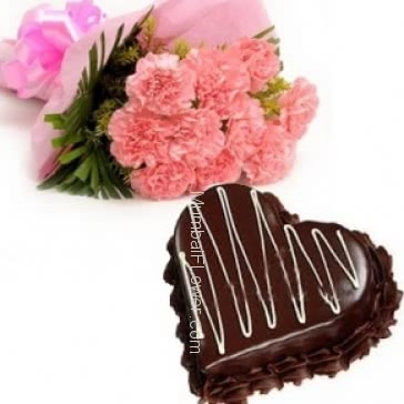 Bunch of 12 pink carnation with Plastic Cellophane packing and 1 Kg. Heart Shape Chocolate Truffle Cake 