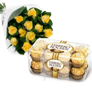 Bunch of 12 Yellow Roses  and 16 pc Ferrero Rocher Chocolate