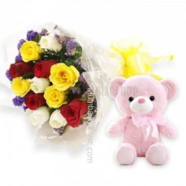 Bunch of 12 Mixed Colored Roses with Plastic Cellophane Packing and 6 inch Teddy