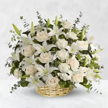 Basket of 20 White Roses, 10 White Carnation and 5 Pc Asiatic White Lilies with fillers and greens