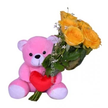 Bunch of 6 Yellow Roses with Plastic Cellophane Packing and 6 inch Teddy . <b>Please note:</b> we may substitute color in case of unavailability 
