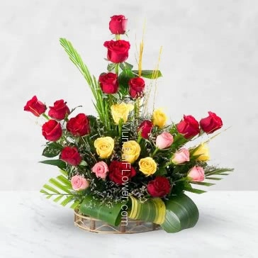 Arrangement of 25 Mixed Colored Roses with fillers and greens