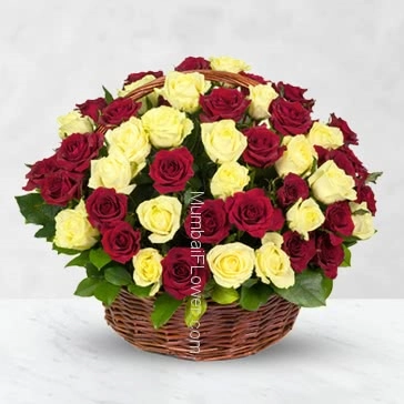 Basket of 60 Red and Yellow Roses with fillers and greens