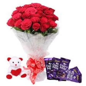 Bunch of 20 Red Roses with Plastic Cellophane packing and 5 pc Cadbury Dairy Milk with 6 Inch Teddy 