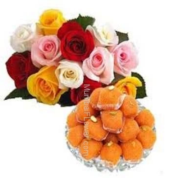 Bunch of 12 Mixed Colored Roses with Plastic Cellophane Packing and Box of Half Kg. Motichur ladoo
