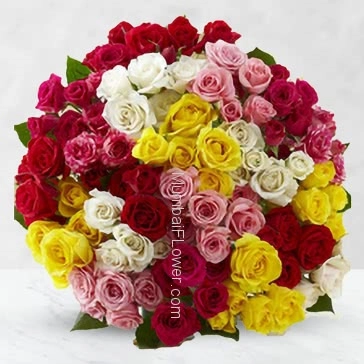 Bunch of 100 Mixed Color  Roses nicely decorated with fillers and Paper packing 