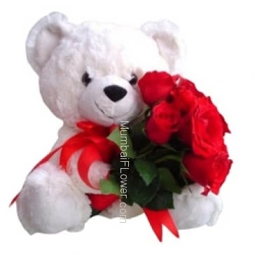 Bunch of 6 Red Roses with Plastic Cellophane Packing and 6 inch Teddy