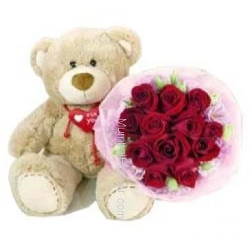 Bunch of 15 Red Roses with paper packing and 15 Inch teddy