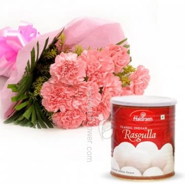 Bunch of 10 Pink Carnation with Plastic Cellophane packing and Rasgulla 1 Kg.