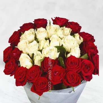 Hand Bunch of 40 Red and White Roses with color Paper packing. <b>Please note:</b> we may substitute color in case of unavailability 