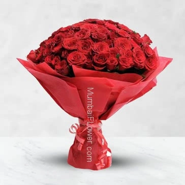 Bunch of 35 Red Roses nicely decorated with fillers Ribbons and Red paper packing