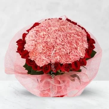 Bunch of 20 Red Roses and 30 Pink Carnation nicely decorated with fillers and Paper Packing
