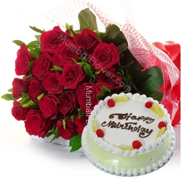 Bunch of 20 Red Roses with Plastic Cellophane packing and Half Kg. Pineapple cake 