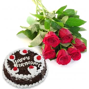 Bunch of 6 Red Roses with Plastic Cellophane packing and Half Kg. Black Forest Cake 