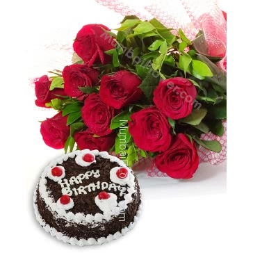 Bunch of 10 Red Roses with Plastic Cellophane packing and Half Kg. Black Forest cake