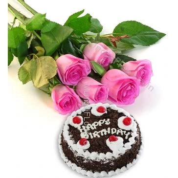 Bunch of 6 Pink Roses with Plastic Cellophane packing and Half Kg. Black Forest cake
