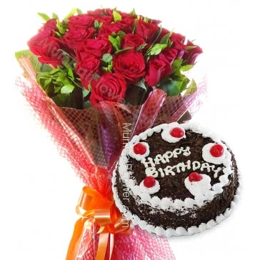 Bunch of 15 Red Roses with Plastic Cellophane packing and Half Kg. Black Forest cake