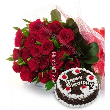 Bunch of 35 Red Roses with Plastic Cellophane packing and Half Kg. Black Forest cake