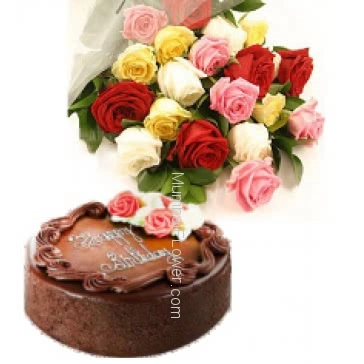 Bunch Of 20 Mixed Colored Roses and Half Eggless Kg. Chocolate Truffle Cake