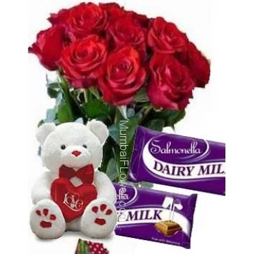 Bunch of 12 Red Roses with Plastic Cellophane packing, 12 Inch Teddy and 2 Pc Cadbury Dairy Milk Chocolate 25g. each