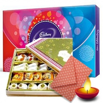 Small Cadbury Celebration box with Half Kg. Mixed Mithai and 1pc Diwali Greeting Card