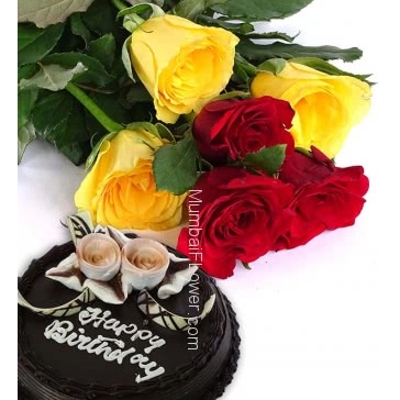 Combo with Bunch of 6 Red and Yellow Roses with fillers and ribbons and Half Kg. Chocolate Cake 