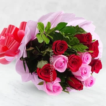 Bunch of 20 Red and Pink Roses nicely decorated with Paper Packing and ribbons
