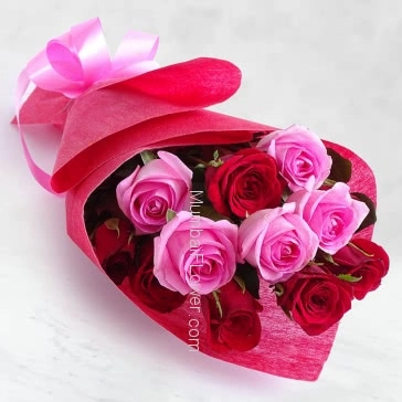 Hand Bouquet of 15 Red and Pink Roses nicely decorated with Paper Packing and ribbons