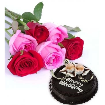 Bunch of 6 Red and Pink Roses with fillers and ribbons and Half Kg. Chocolate Cake