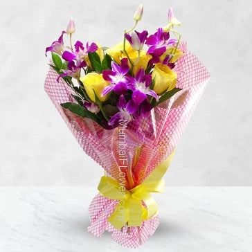 Bouquet of 6 Yellow Roses and 5 Purple Orchids with Plastic Cellophane packing
