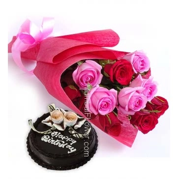 Bunch of 12 Red and Pink Roses nicely decorated with Paper Packing and ribbons and Half Kg. Chocolate Cake, Low Cost Combo