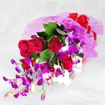 Bunch of 6 Red Roses and 5 Purple Orchids with Plastic Cellophane packing