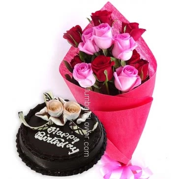 Bunch of 15 Red and Pink Roses nicely decorated with Paper Packing and ribbons and Half Kg. Chocolate Cake, Rose Bouquet n Cake