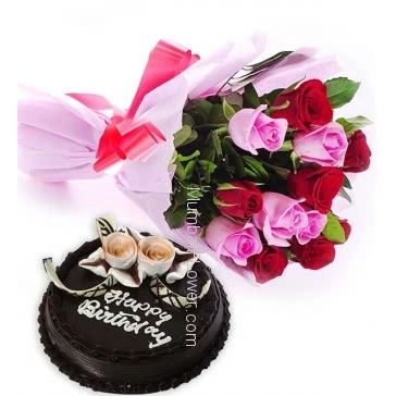 Birthday Cake Combo, Bunch of 24 Red and Pink Roses nicely decorated with Paper Packing and ribbons and Half Kg. Chocolate Cake