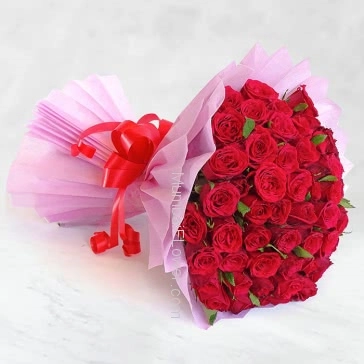 Bunch of 45 Red Roses nicely decorated with colored Paper Packing and Ribbons. Purely a heart winner.