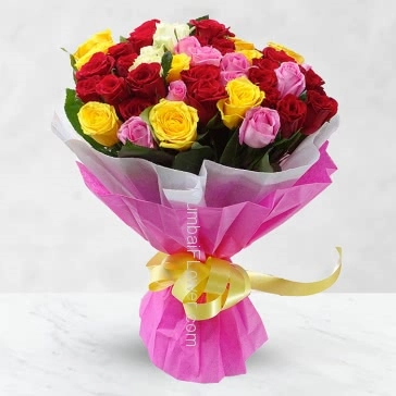 Bunch of 40 Mixed Color Roses nicely decorated with colored paper packing and ribbons, strait from heaven to heart