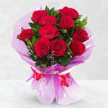 Hand Bouquet of 10 Red Roses nicely decorated with exclusive packing, simply magical