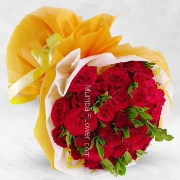Pretty Hand Bunch of 35 Red Roses nicely decorated with colored paper packing and ribbons