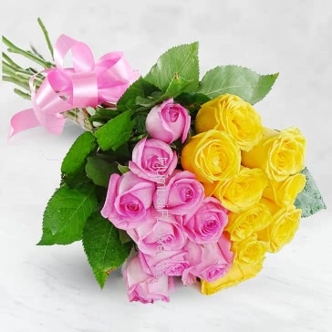 Bunch of 20 Mixed Pink and Yellow Roses nicely decorated with ribbons