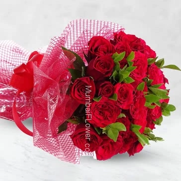Bunch of 25 Red Roses nicely decorated with fillers and colored Ribbons with exclusive packing, the beauty at best.