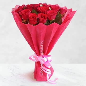 Bunch of 20 Red Roses nicely decorated with fillers ribbons and Paper Packing, best gift for  Birthday, Anniversary and Valentine.
