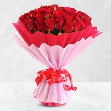 Amazing Hand Bunch of Lovely 40 Red Roses nicely decorated with fillers and ribbons, with exclusive paper packing.